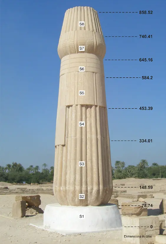 "The Papyrus Column with the section dimensions in Cms; Height = 28' 2"."