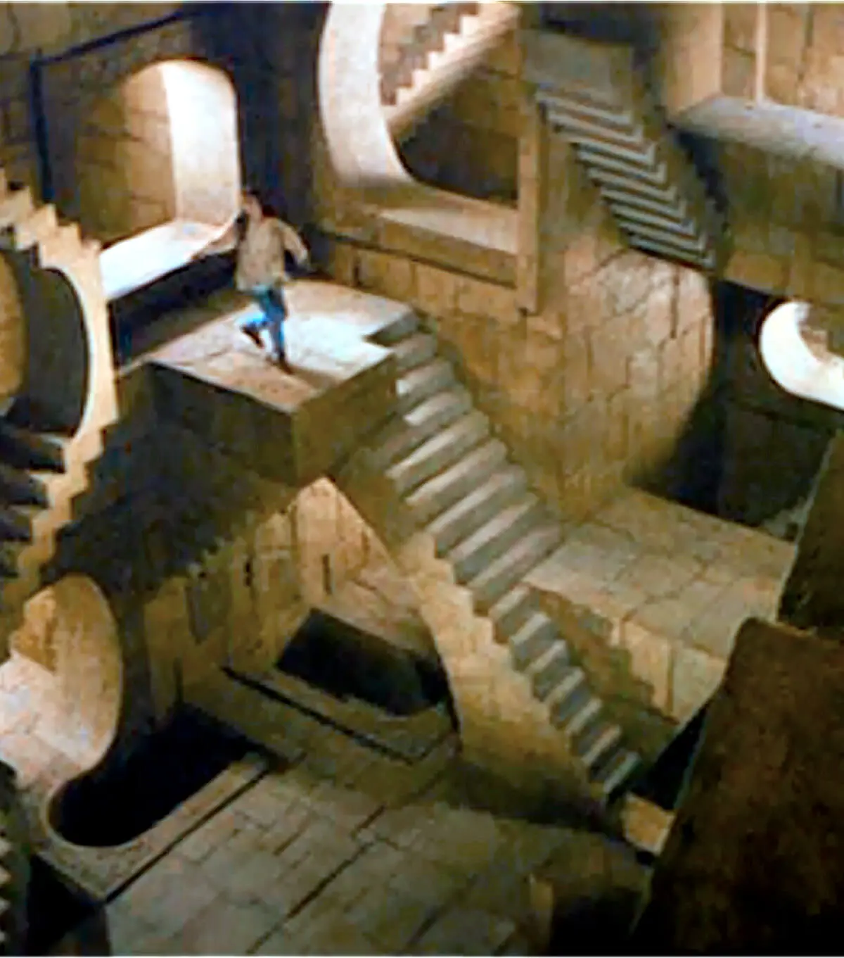 Sarah arrives in 'the Escher' Room in Jareth's Castle.